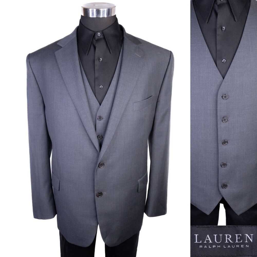 Ralph Lauren 2-Pcs Blazer / Vest Set Jacket Coat Solid Gray Sz 48R Two Button